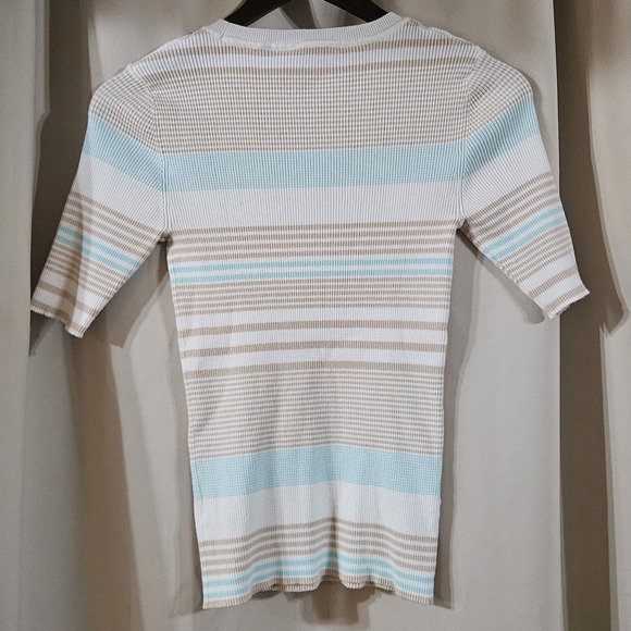 Elie Tahari Short Sleeve Ribbed Knit Striped Top Shirt Womens Size SP Y2K Style - Picture 2 of 5